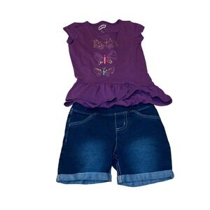 Jumping Beans Girls 4T Purple Butterfly Peplum Top and Denim Shorts Outfit Set